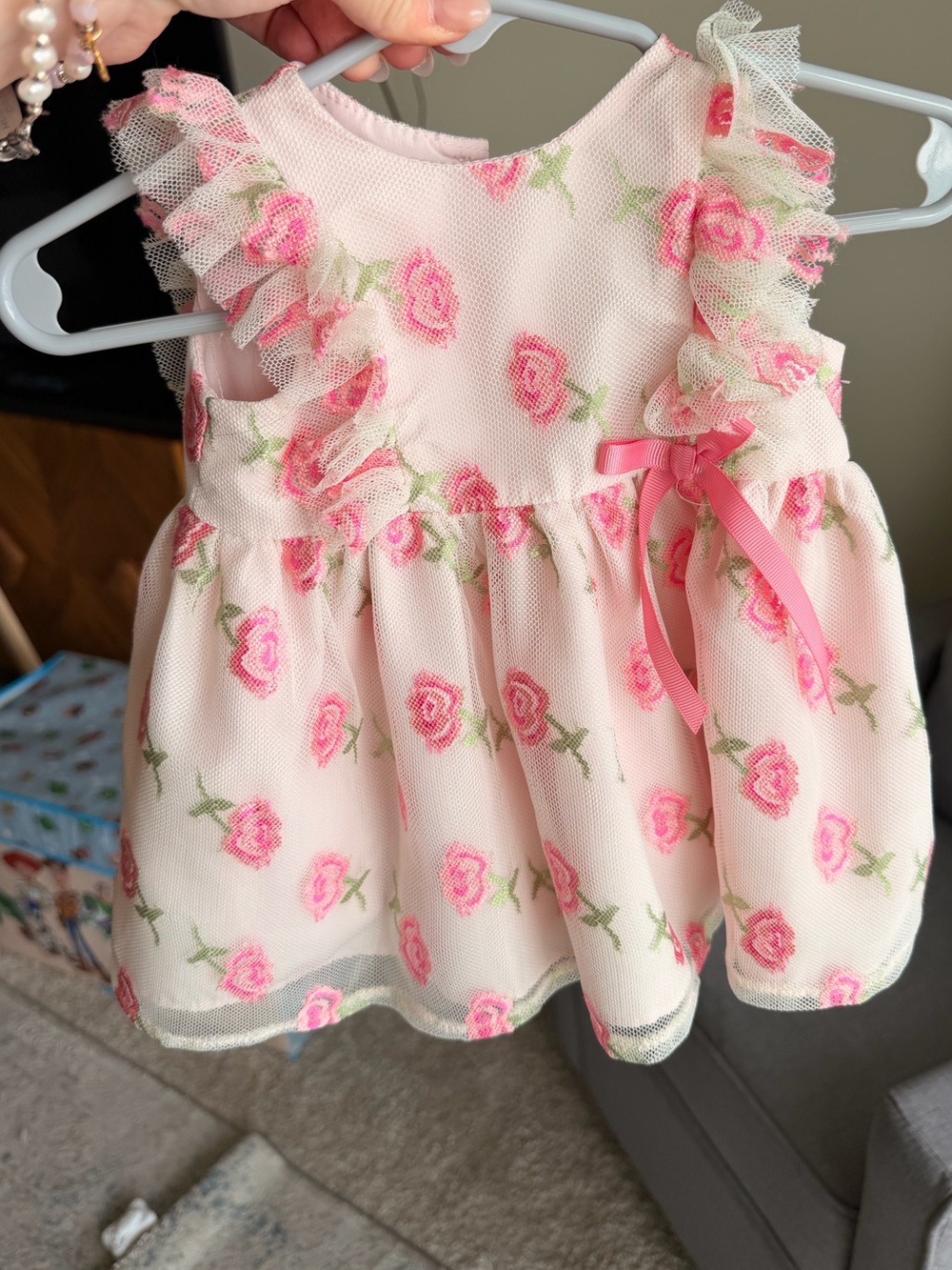 Laura Ashley Pale Pink Baby Dress with Rose Detail